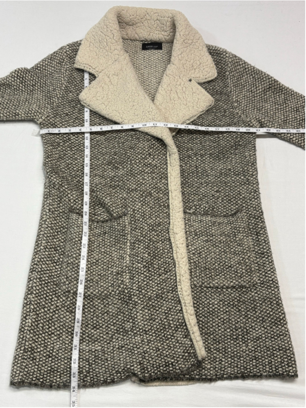 Zara Knit Faux Sherpa Collar Longline Cardigan Duster Coat Gray Beige Small 808 - Picture 6 of 6